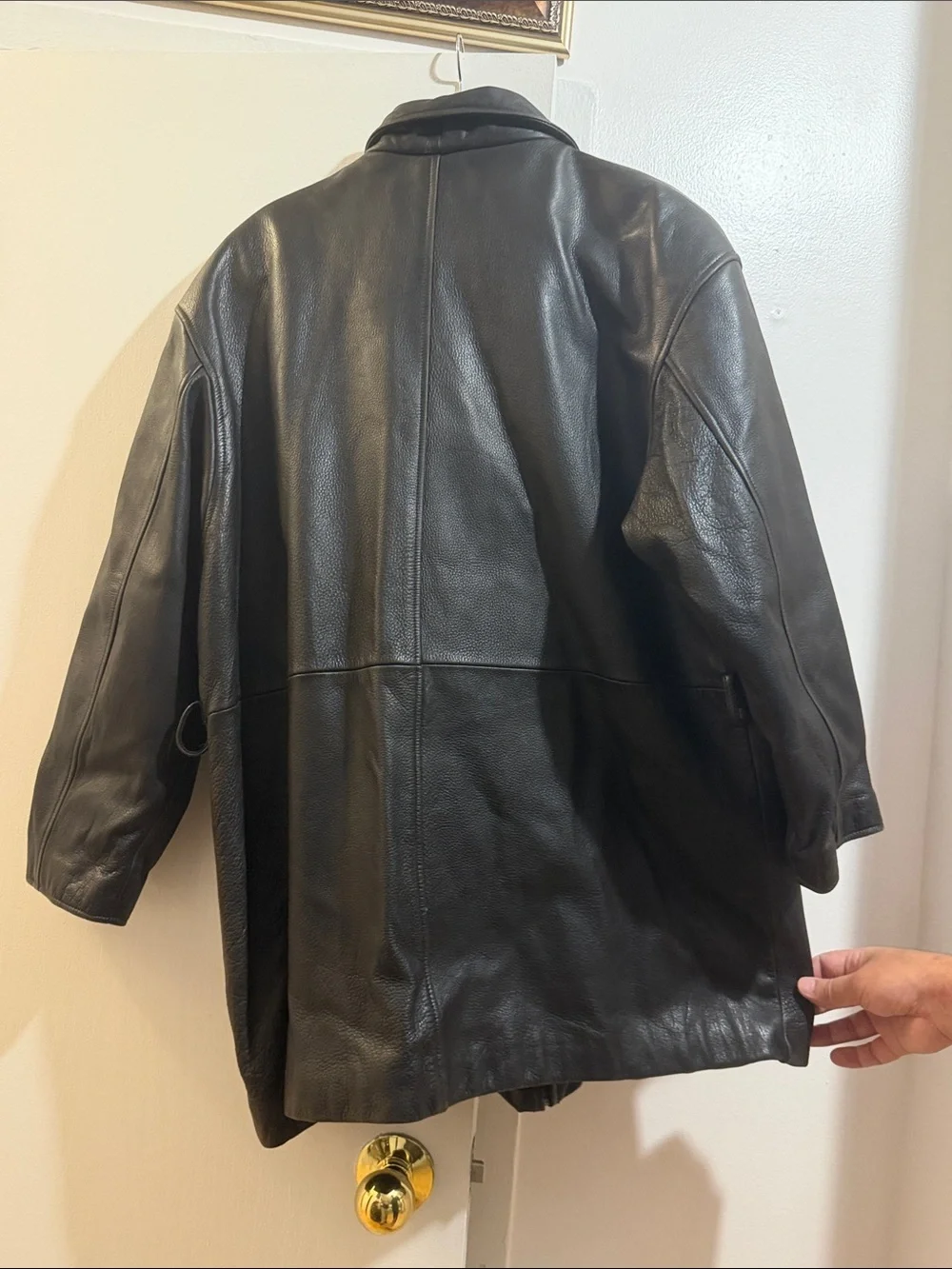 Pelle Studio Black Leather Pea Coat with Zip Chest Pocket. Belt is missing